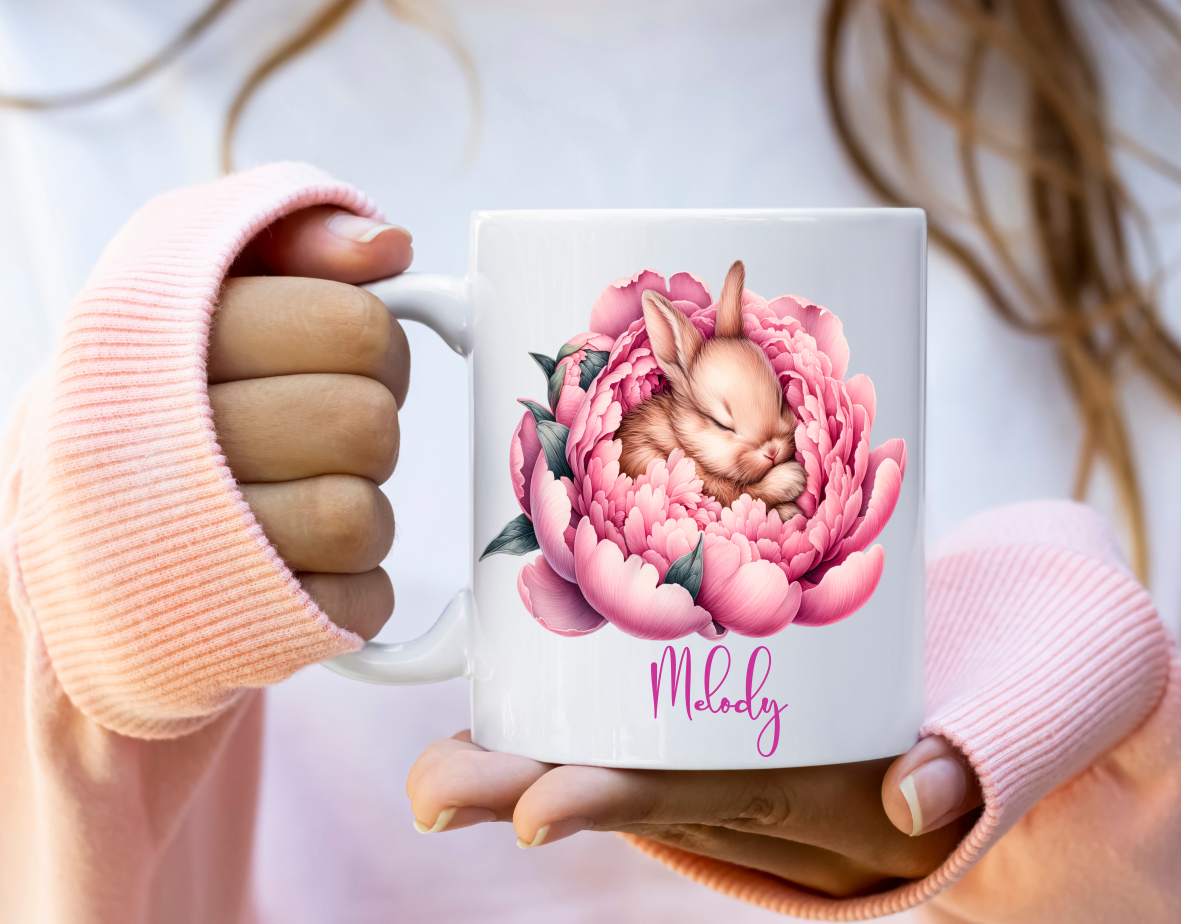 Cute Mugs Rabbit in Flowers with Name.