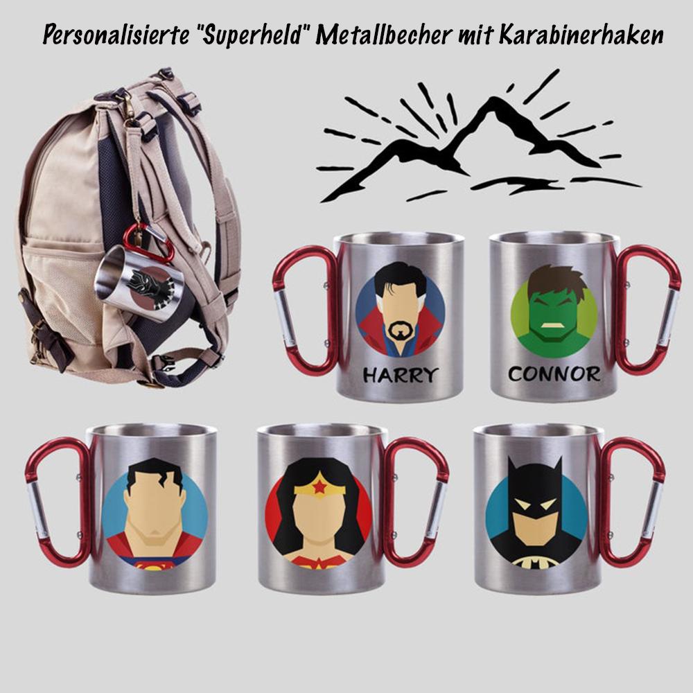 Personalized Superhero Metal Mug with Carabiner-cutegifts.eu