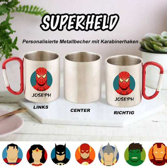 Get trendy with Personalized Superhero Metal Mug with Carabiner -  available at cutegifts.eu. Grab yours for $19.90 today!